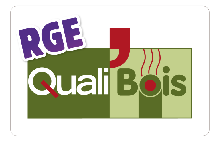 Logo RGE et QualiBois, avec des couleurs vives et des éléments graphiques représentant le bois.